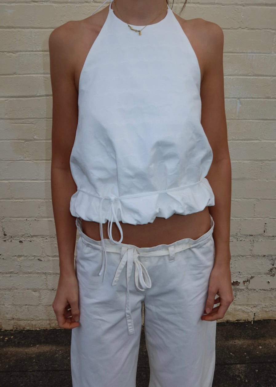 WAIST TIE HALTER WHITE JACQUARD