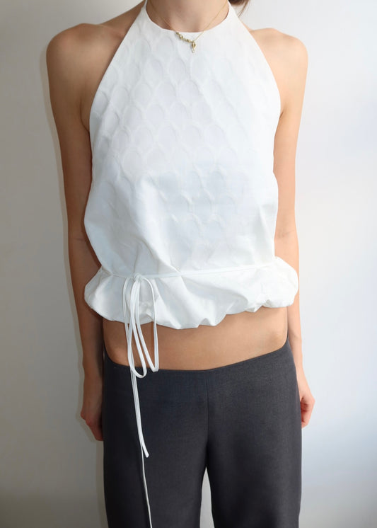 Waist Tie Halter. White Jacquard